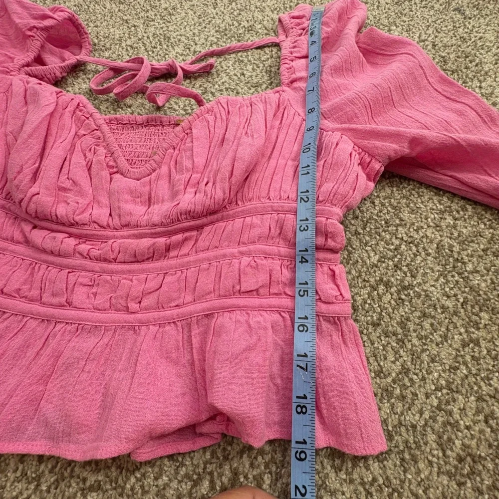 Free People Blouse Women M Pink Smocked Puff Sleeve Boho Top Festival Barbiecore